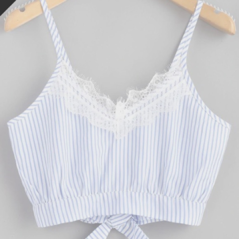 blue and white stripped tank top with lace trim
